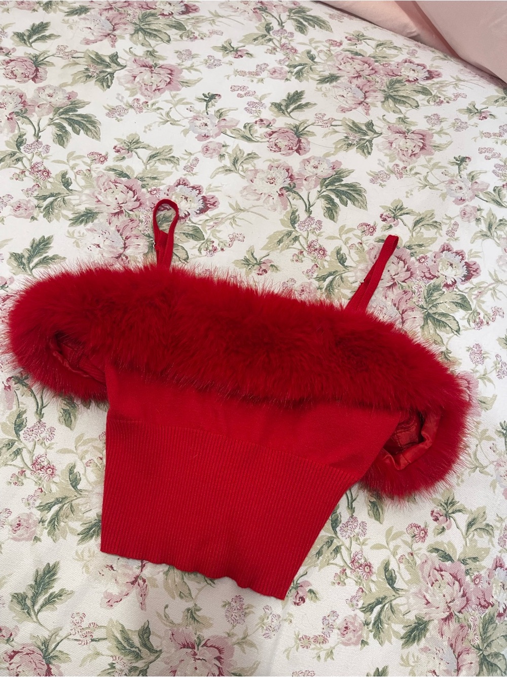 Red Faux Fur Trim Crop Top